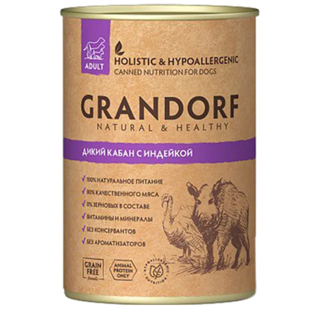 Консервы Grandorf Wild Boar&Turkey для взрослых собак, с мясом дикого кабана и индейки, 400 г