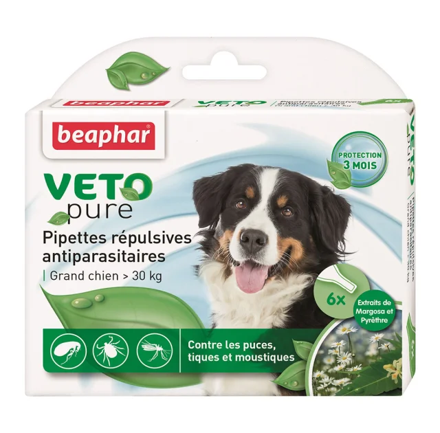 Капли Beaphar Veto Pure Spot от блох, клещей и комаров для собак от 30 кг, био натуральные, цена за 1 пипетку