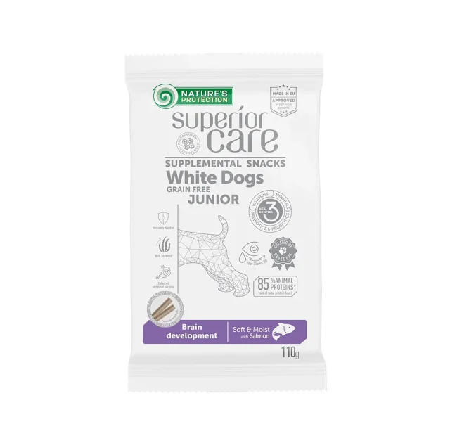Беззернові ласощі Natures Protection Superior Care White Dogs Brain Development, для білих собак, з лососем, 110 г