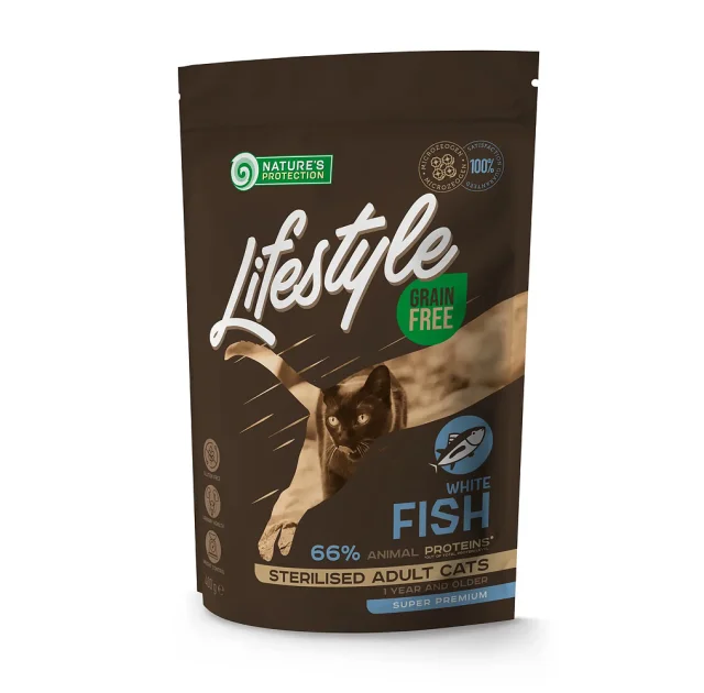 Беззерновой сухой корм Natures Protection Lifestyle Sterilised для стерилизованных кошек с белой рыбой, 400 г