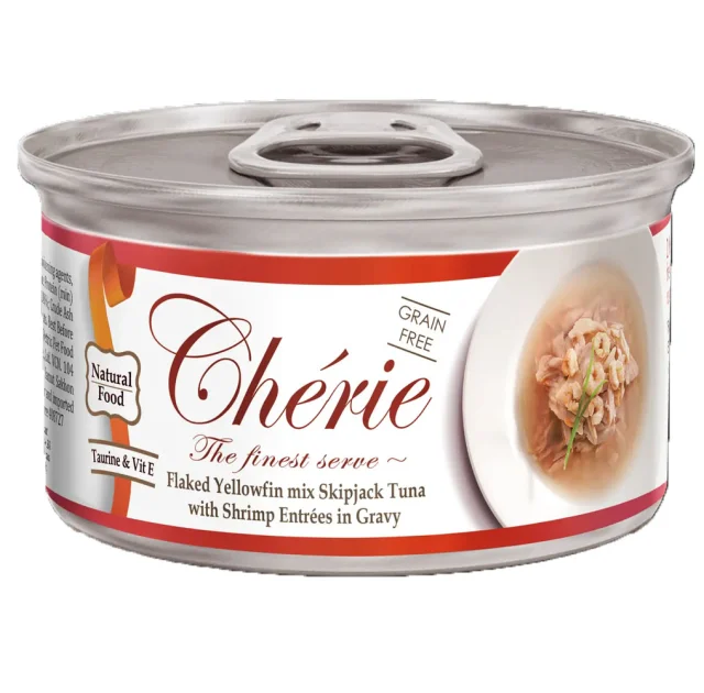 Консервы Cherie Signature для кошек, нежные кусочки желтоперого и полосатого тунца и креветок в соусе, 80 г