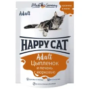 Вологий корм Happy Cat Adult для дорослих котів, курча та печінка з морквою, шматочки в желе, 100 г