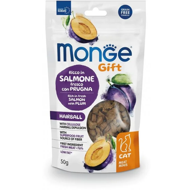 Лакомство Monge Gift Cat Hairball для кошек, лосось со сливой, 50 г