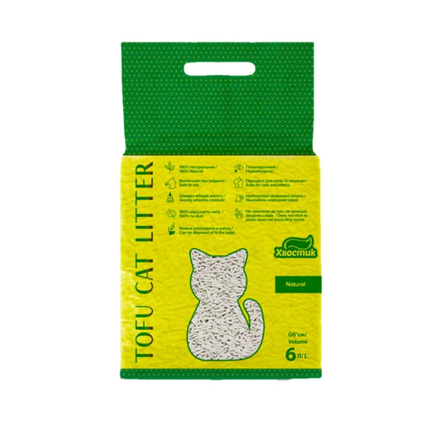 Соєвий наповнювач Хвостик Tofu Cat Litter Natural для котячого туалету, без аромату, 2.6 кг (6 л)