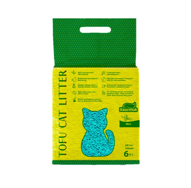 Соевый наполнитель Хвостик Tofu Cat Litter Mint для кошачьего туалета, с ароматом мяты, 2.6 кг (6 л)