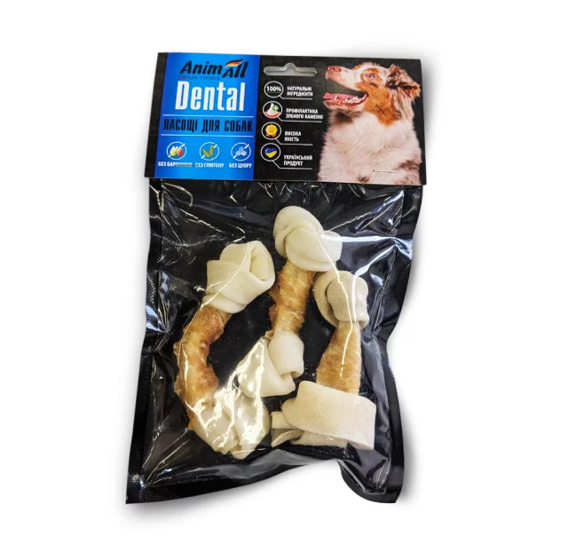 Кость AnimAll Dental баварская узловая, для собак, с мясом курицы, 10-12 см, 3 штуки