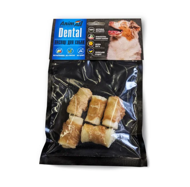 Лакомство AnimAll Dental трубочка рулетик, для собак, с мясом курицы, 4-5 см, 5 штук