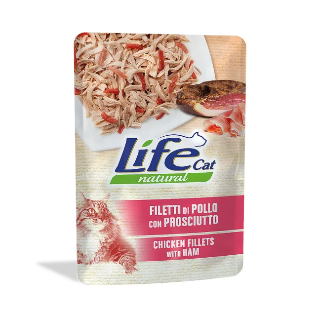 Вологий корм LifeCat Chicken With Ham для дорослих котів, філе курки та курячої шинки, 70 г