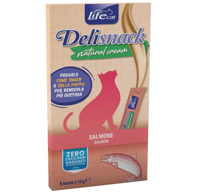 Ласощі LifeCat Deli Snack Natural Cream для котів, крем-снек на основі м'яса лосося, 6 штук по 15 г