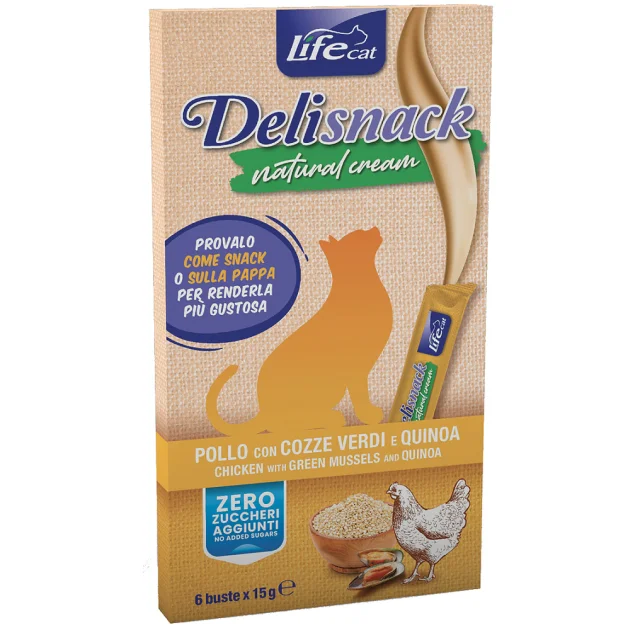 Ласощі LifeCat Deli Snack Natural Cream для котів, крем-снек на основі м'яса курки з мідіями та кіноа, 6 штук по 15 г