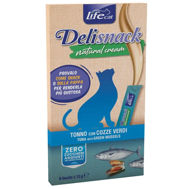 Ласощі LifeCat Deli Snack Natural Cream для котів, крем-снек на основі м'яса тунця та мідій, 6 штук по 15 г