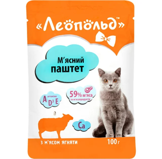 Влажный корм Леопольд мясной паштет для кошек, с ягненком, 100 г