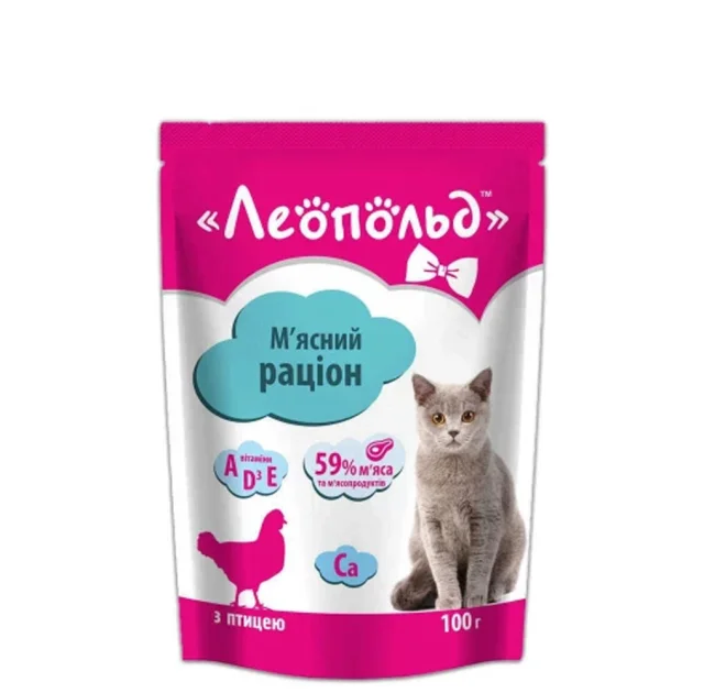 Влажный корм Леопольд мясной рацион для кошек, с птицей, 100 г