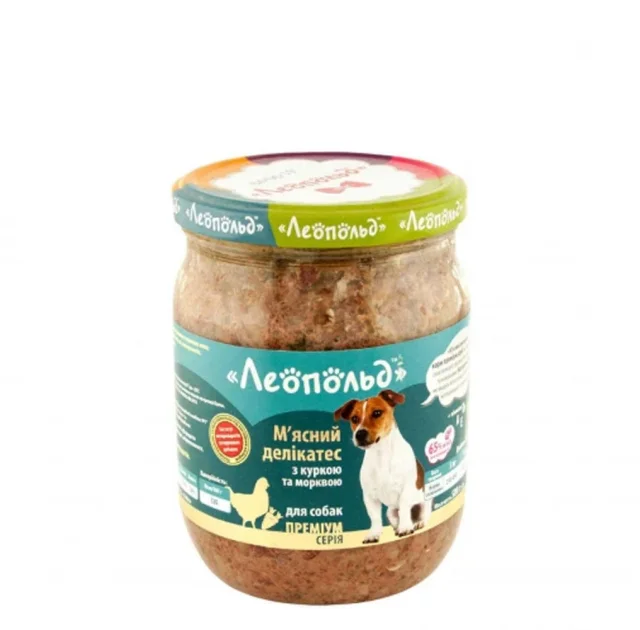 Консервы Леопольд Мясные деликатесы для собак с курицей и морковью, 500 г
