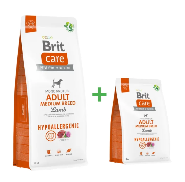 Сухой корм Brit Care Dog Hypoallergenic Adult Medium Breed для взрослых собак средних пород, с ягненком, акция 12 + 3 кг