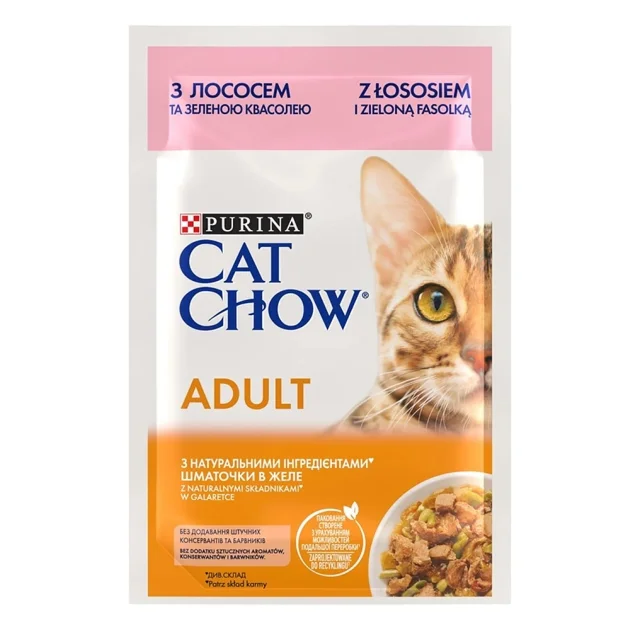 Вологий корм Purina Cat Chow Adult для котів, з лососем і зеленою квасолею, 85 г