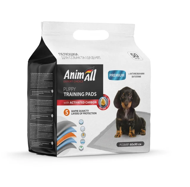 Пелюшки AnimAll Puppy Training Pads для собак і цуценят, з активованим вугіллям, 60×90 см, 50 штук