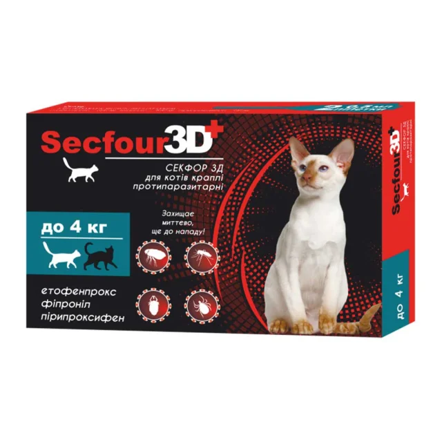 Краплі від бліх і кліщів Secfour 3D для котів вагою до 4 кг, 0.5 мл, 2 піпетки