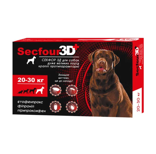 Капли от блох и клещей Secfour 3D для собак весом 20-30 кг, 3 мл, 2 пипетки