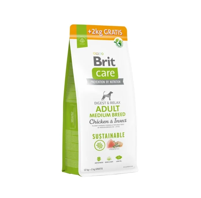 Сухой корм Brit Care Dog Sustainable Adult Medium Breed для взрослых собак средних пород, курица и насекомые, 12+2 кг