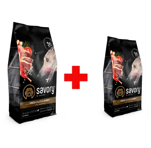 Сухий корм для собак усіх порід Savory, зі свіжим м’ясом качки та кроликом, Акція 3+1 кг