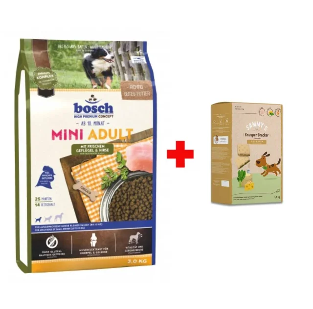 Сухой корм Bosch HPC Mini Adult птица и просо, для собак, 3 кг, акция + 1 кг лакомств Sammy`s
