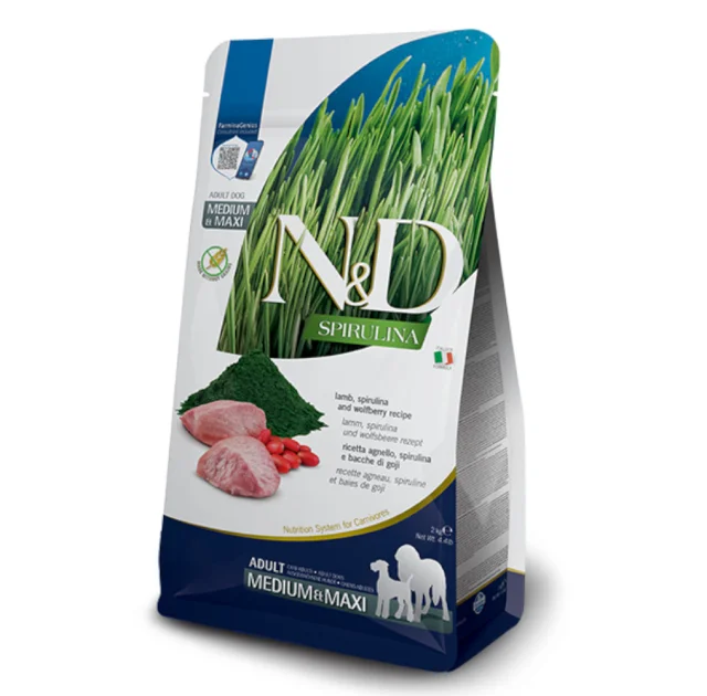 Сухий беззерновий корм Farmina N&D SPIRULINA для дорослих собак середніх і великих порід, з ягням, спіруліною та ягодами годжі, 2 кг