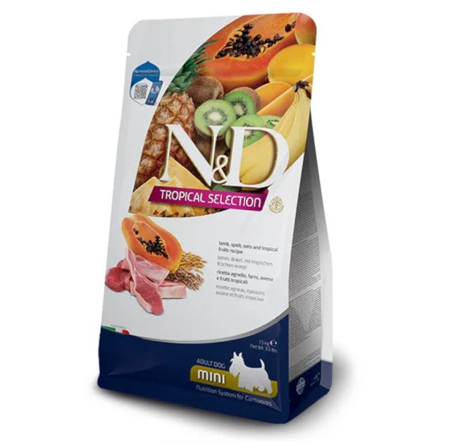 Сухий низькозерновий корм Farmina N&D TROPICAL SELECTION для дорослих собак дрібних порід, з ягням і тропічними фруктами, 5 кг