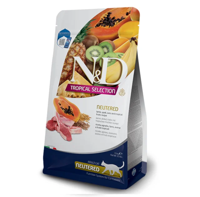 Сухий низькозерновий корм Farmina N&D TROPICAL SELECTION для стерилізованих дорослих котів, з ягням та тропічними фруктами, 1,5 кг