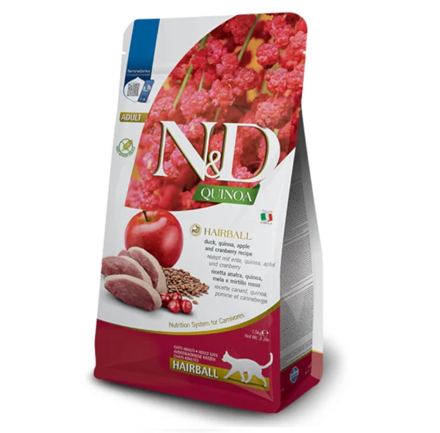 Сухой беззерновой корм Farmina N&D Quinoa Hairball ADULT, для кошек, для стимулирования изгнания волосяных комочков, c уткой, киноа, яблоко и клюква, 300 г