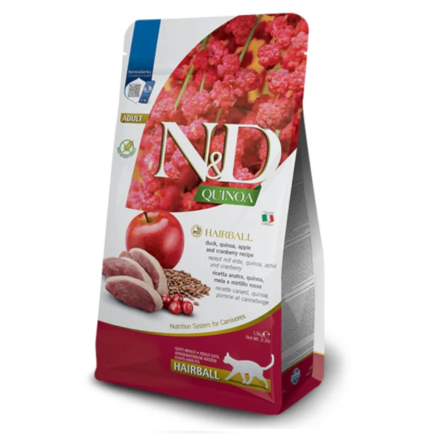 Сухой беззерновой корм Farmina N&D Quinoa Hairball ADULT, для кошек, для стимулирования изгнания волосяных комочков, c уткой, киноа, яблоко и клюква, 1,5 кг