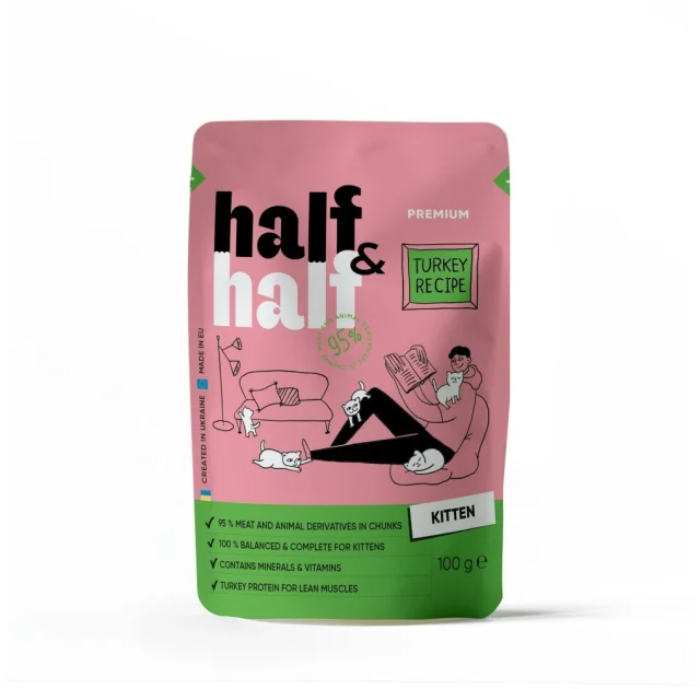 Влажный корм Half&Half для котят, кусочки с индейкой в желе, пауч, 100 г