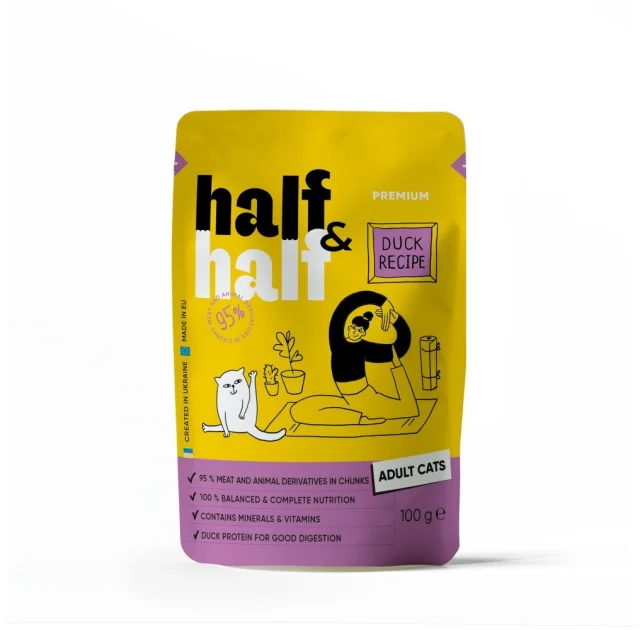 Вологий корм Half&Half для дорослих котів, шматочки з качкою у соусі, пауч, 100 г