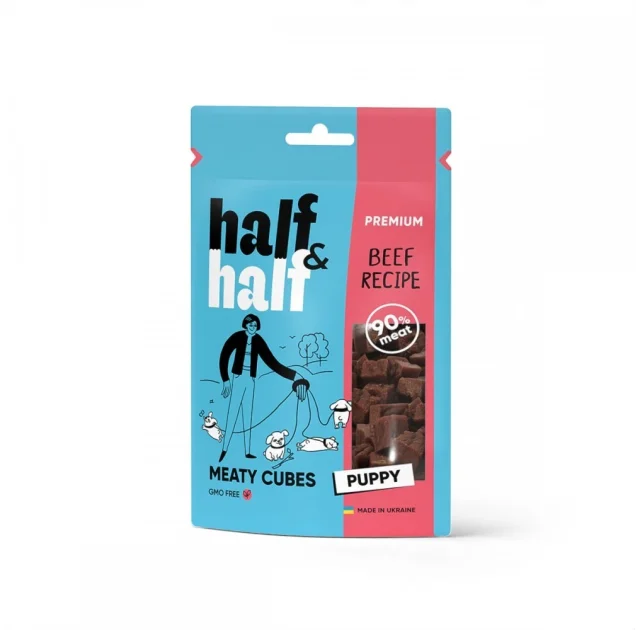 Лакомство Half&Half для щенков, в форме мясных кубиков, с говядиной, 100 г