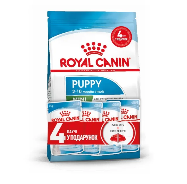 Акційний набір Royal Canin Mini Puppy для цуценят дрібних порід до 10 місяців, 2 кг + 4 паучі в подарунок