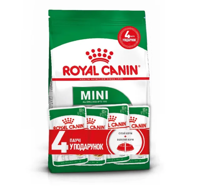 Акционный набор Royal Canin Mini Adult для взрослых собак мелких пород, 2 кг + 4 паучья в подарок