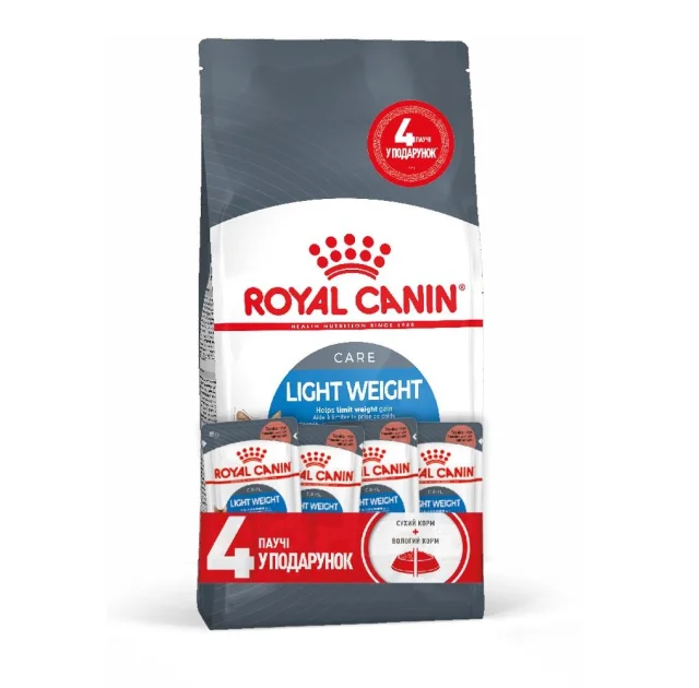 Акционный набор Royal Canin Light Weight Care для кошек склонных к лишнему весу, 1.5 кг + 4 пауча в подарок