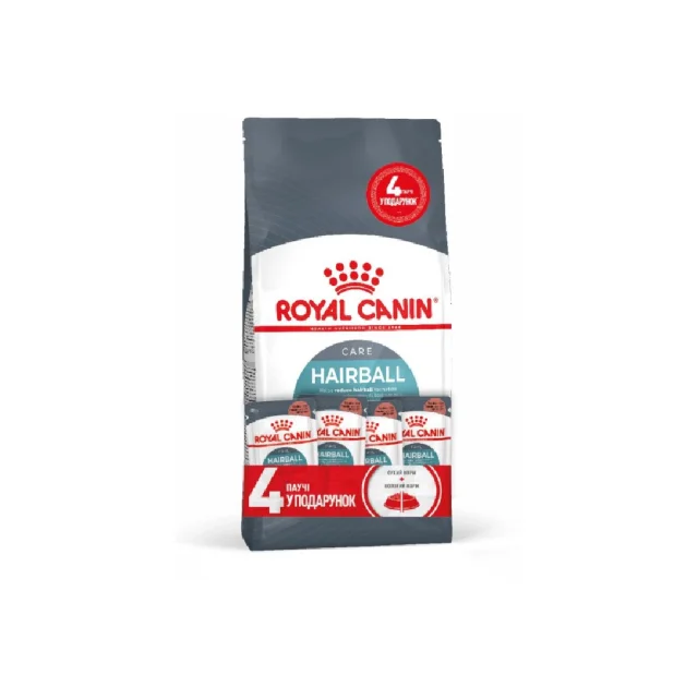 Акционный набор Royal Canin Hairball Care для вывода шерсти у кошек, 2 кг + 4 паучи в подарок
