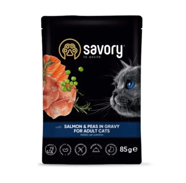 Вологий корм Savory Salmon&Peas Gravy Adult Cat для котів, лосось з горошком, у соусі, пауч, 85 г