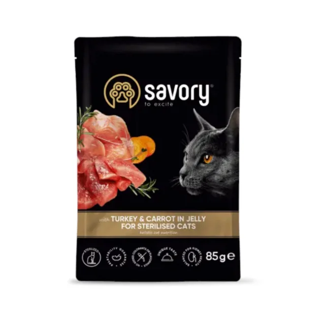Влажный корм Savory Turkey&Carrot Jelly Sterilised Cat для стерилизованных кошек, индейка с морковью, в соусе, 85 г