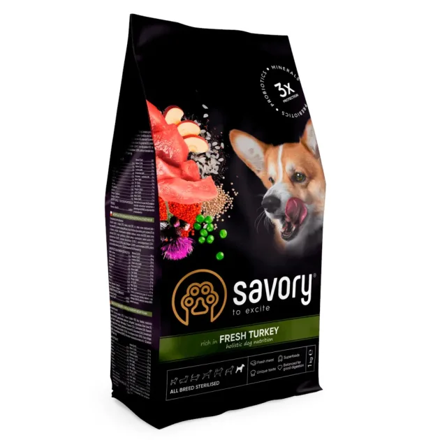 Сухой корм Savory All Breed Sterilised Fresh Turkey для стерилизованных собак всех пород, со свежей индейкой, 1 кг