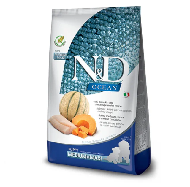 Беззерновой сухой корм Farmina N&D Grain Free OCEAN PUMPKIN для щенков средних и больших пород, с треской и дыней, 2.5 кг