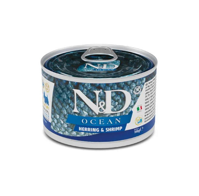 Вологий корм Farmina N&D Grain Free OCEAN HERRING & SHRIMP ADULT MINI для собак дрібних порід з оселедцем, тріскою, тунцем та креветкою, 140 г