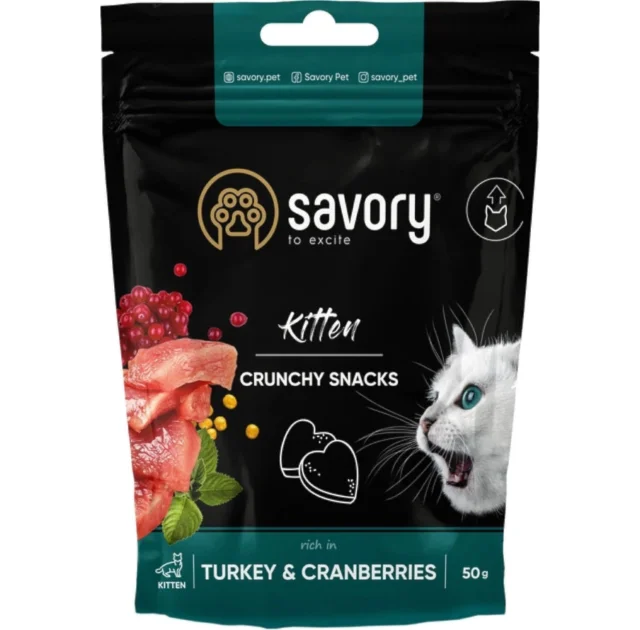 Мягкое лакомство Savory Kitten Snack для кошек, для здорового роста котят, индейка и клюква, 50 г