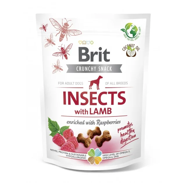 Ласощі Brit Care Crunchy Cracker Insects with Lamb для собак, для травлення, комахи і ягня малина, 200 г
