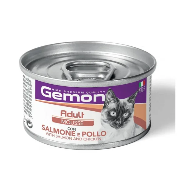 Консервы Gemon Cat Wet Adult мясной мусс для взрослых кошек, лосось и курица, 85 г