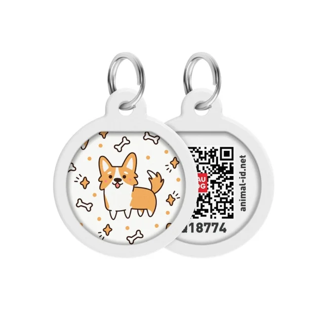 Адресник Waudog Smart ID с QR паспортом рисунок "Корги" для собак и кошек металлический, круг, длина 30 мм