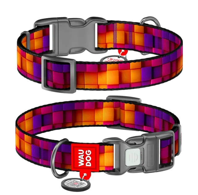 Нашийник Waudog Nylon з QR паспортом для собак нейлоновий, малюнок "Куби 3Д",  XL, ширина 25 мм, довжина 37-58 см