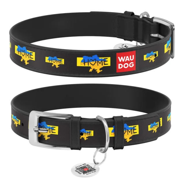 Ошейник кожанный Waudog Design з QR паспортом для собак, рисунок "Дом" XXS,12 мм/18-24 см,черный