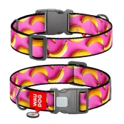 Ошейник Waudog Nylon с QR паспортом для собак, рисунок "Бананы на розовом",  нейлоновый, XXL, ширина 35 мм, длина 46-70 см
